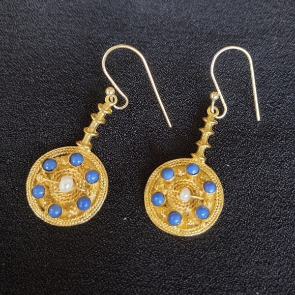 Elegant Gold and Blue Dangle Earrings - Picture 6 of 6